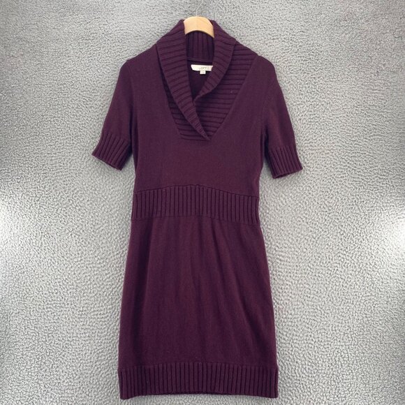LOFT Dress Womens Medium Burgundy Sweater Shawl Neck Short Sleeve Ribbed Detail - Picture 1 of 10